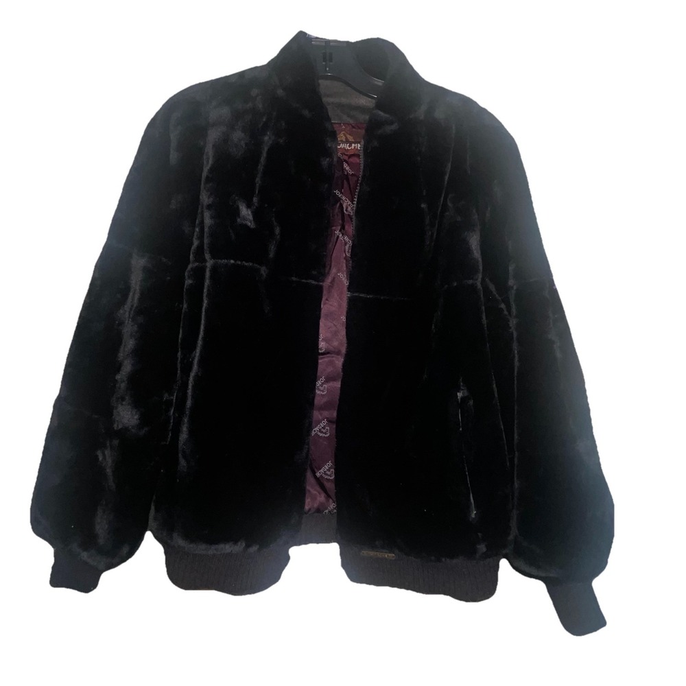 JORDACHE VINTAGE 80's Black FAUX FUR JACKET Zip Up Shoulder Pads USA READ* Size